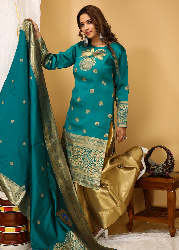 3 Pc Green Readymade Silk Suit Set - Indian Silk House Agencies