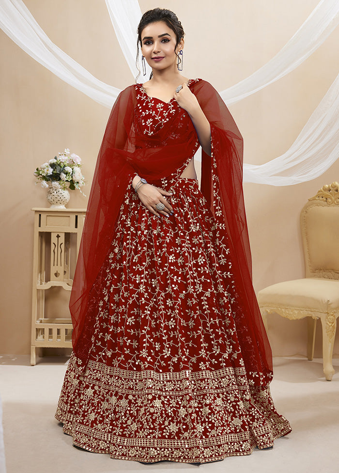 3 Pc Maroon Georgette Semi Stitched Lehenga Set