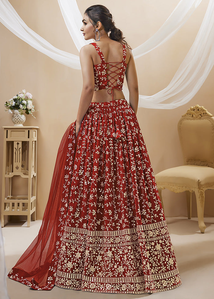 3 Pc Maroon Georgette Semi Stitched Lehenga Set - Indian Silk House Agencies