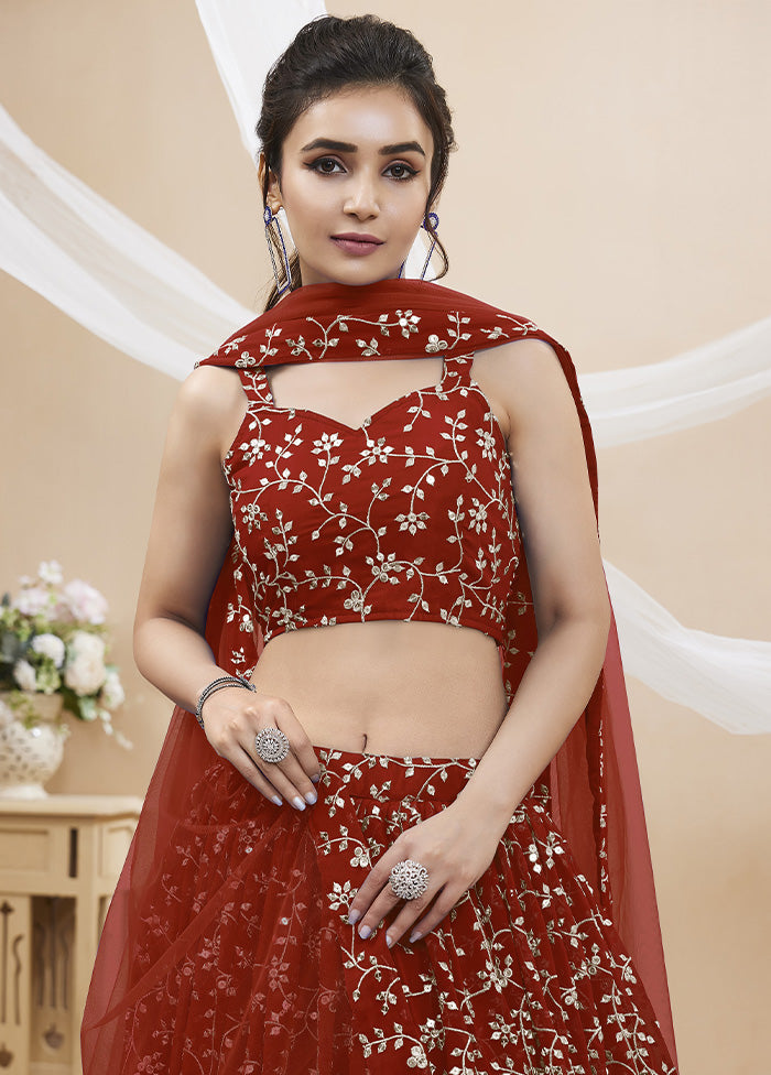 3 Pc Maroon Georgette Semi Stitched Lehenga Set