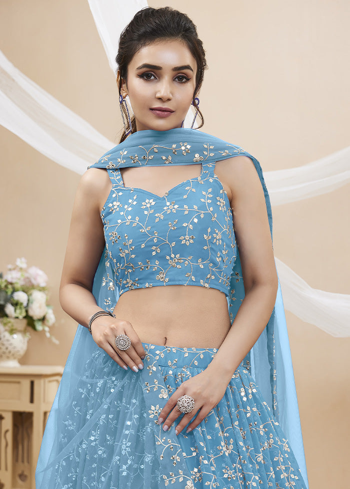 3 Pc Sky Blue Georgette Semi Stitched Lehenga Set - Indian Silk House Agencies
