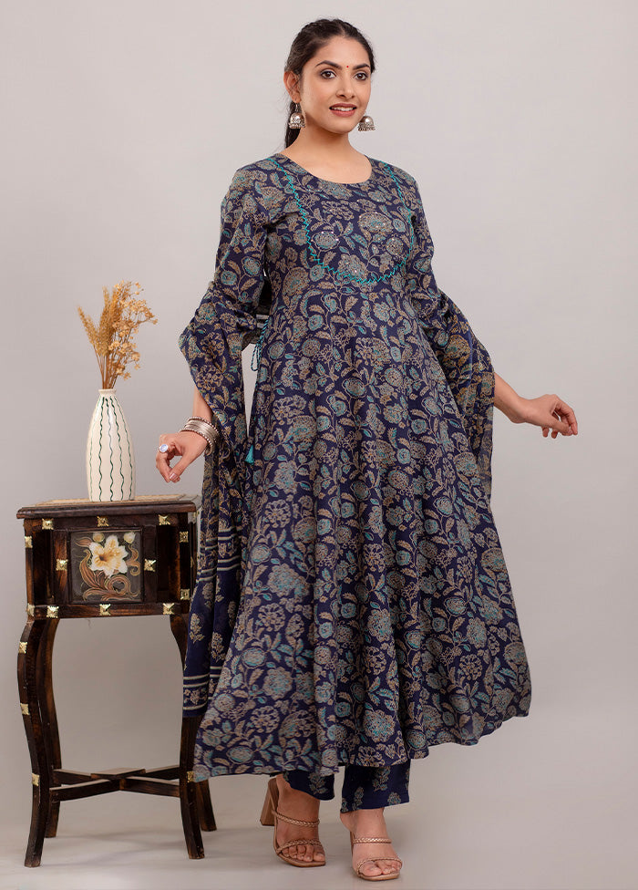 3 Pc Blue Readymade Rayon Suit Set - Indian Silk House Agencies