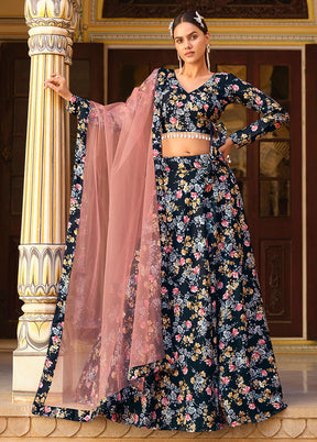 3 Pc Blue Silk Semi Stitched Lehenga Set - Indian Silk House Agencies