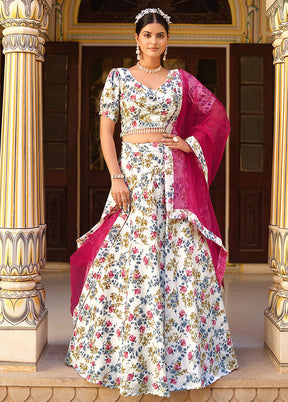 3 Pc Off White Silk Semi Stitched Lehenga Set - Indian Silk House Agencies