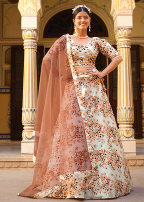 3 Pc Off White Silk Semi Stitched Lehenga Set - Indian Silk House Agencies