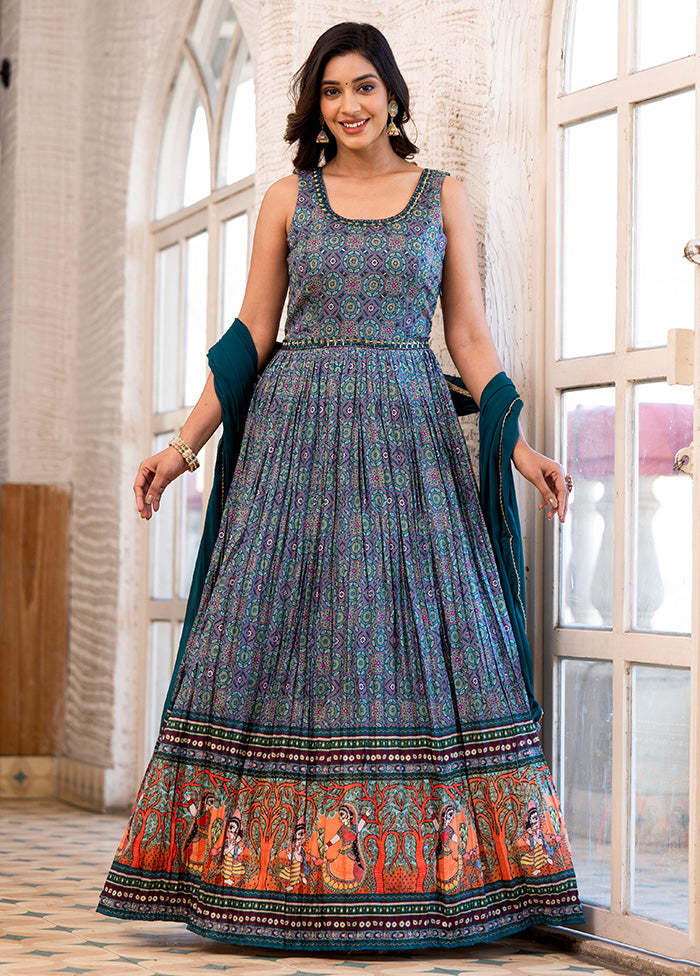 Teal Readymade Silk Indian Dress