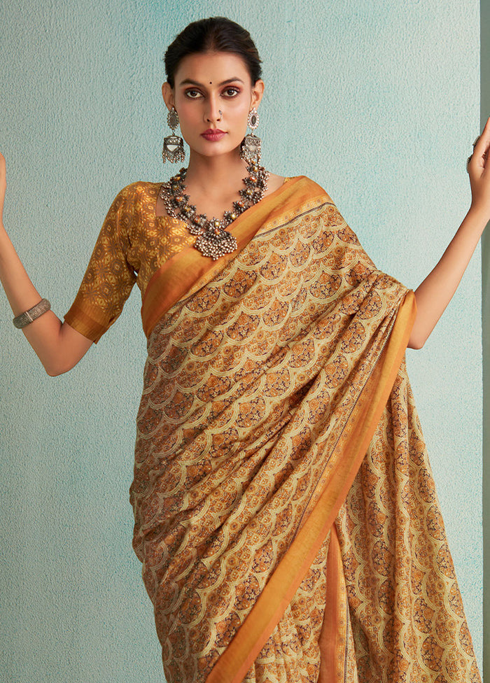 Mustard Dupion Silk Saree With Blouse Piece - Indian Silk House Agencies