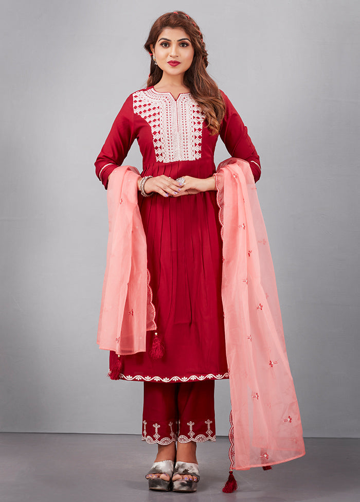 3 Pc Maroon Readymade Silk Suit Set