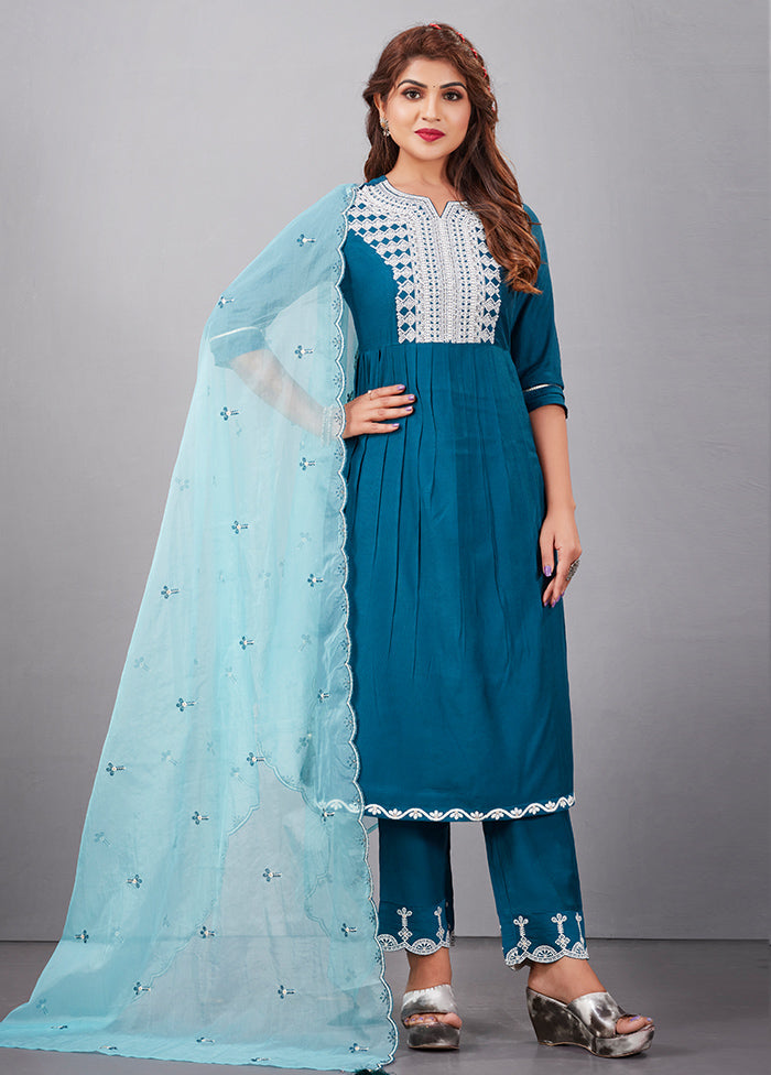 3 Pc Blue Readymade Silk Suit Set