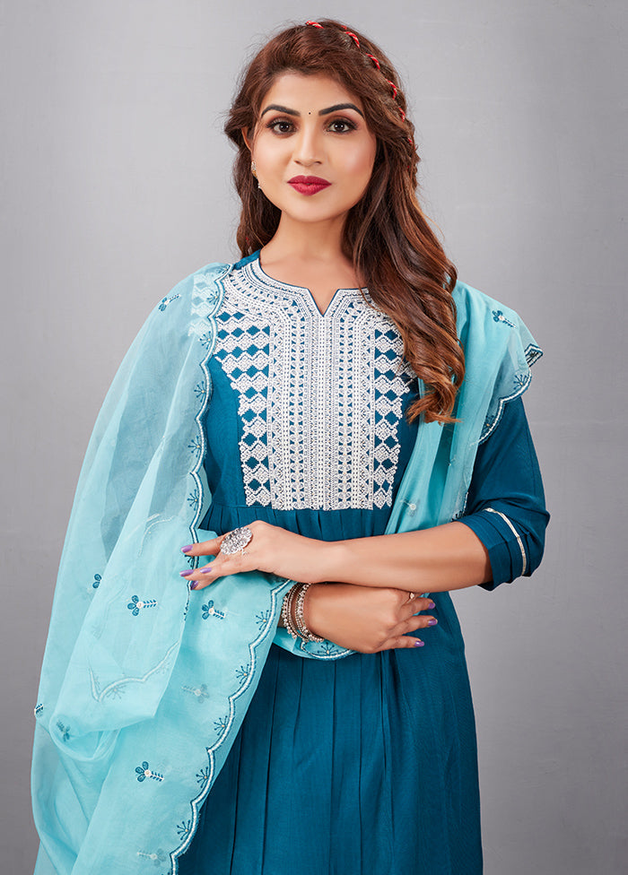 3 Pc Blue Readymade Silk Suit Set - Indian Silk House Agencies