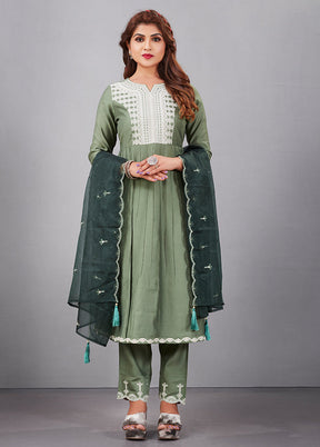 3 Pc Pista Green Readymade Silk Suit Set - Indian Silk House Agencies