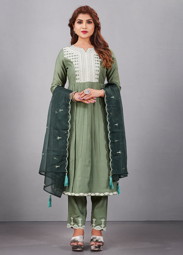 3 Pc Pista Green Readymade Silk Suit Set