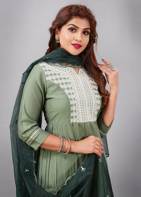 3 Pc Pista Green Readymade Silk Suit Set