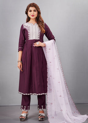 3 Pc Purple Readymade Silk Suit Set - Indian Silk House Agencies