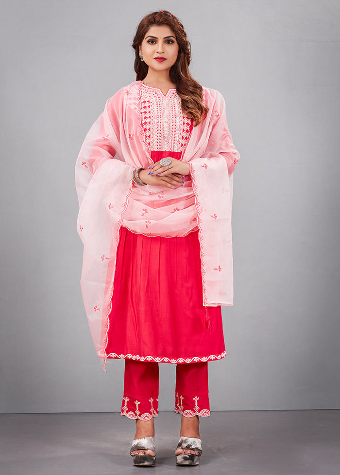 3 Pc Red Readymade Silk Suit Set