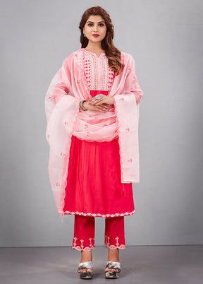 3 Pc Red Readymade Silk Suit Set - Indian Silk House Agencies