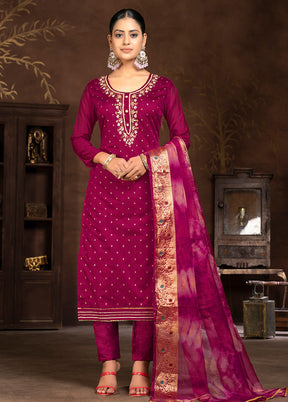 3 Pc Burgundy Semi Stitched Silk Suit Set