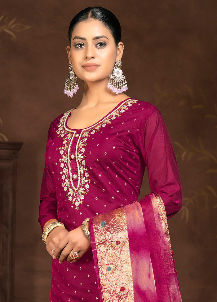 3 Pc Burgundy Semi Stitched Silk Suit Set - Indian Silk House Agencies