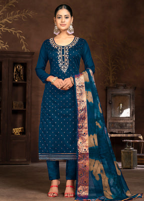 3 Pc Blue Semi Stitched Silk Suit Set