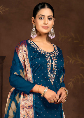 3 Pc Blue Semi Stitched Silk Suit Set