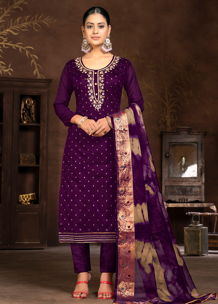 3 Pc Purple Semi Stitched Silk Suit Set - Indian Silk House Agencies