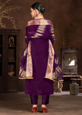 3 Pc Purple Semi Stitched Silk Suit Set - Indian Silk House Agencies