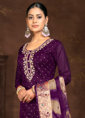 3 Pc Purple Semi Stitched Silk Suit Set - Indian Silk House Agencies
