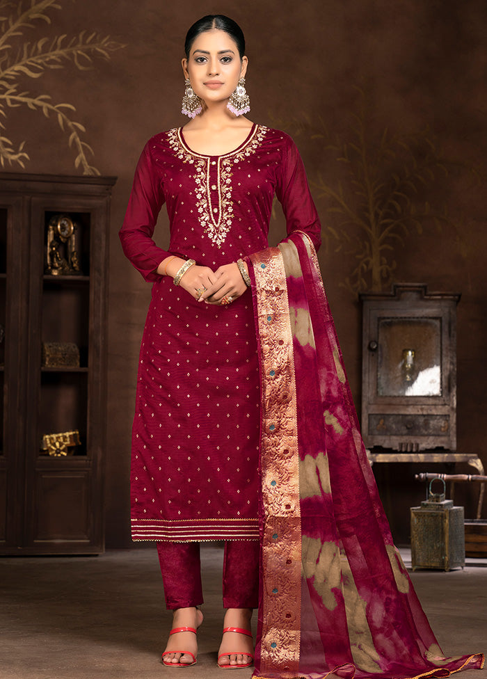 3 Pc Maroon Semi Stitched Silk Suit Set