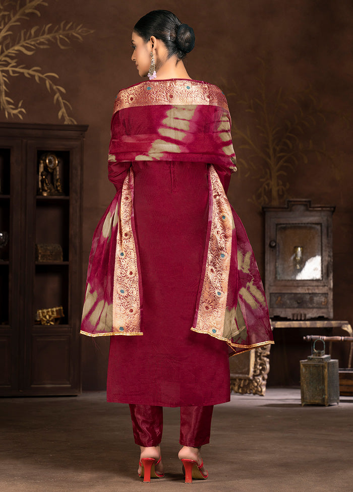 3 Pc Maroon Semi Stitched Silk Suit Set