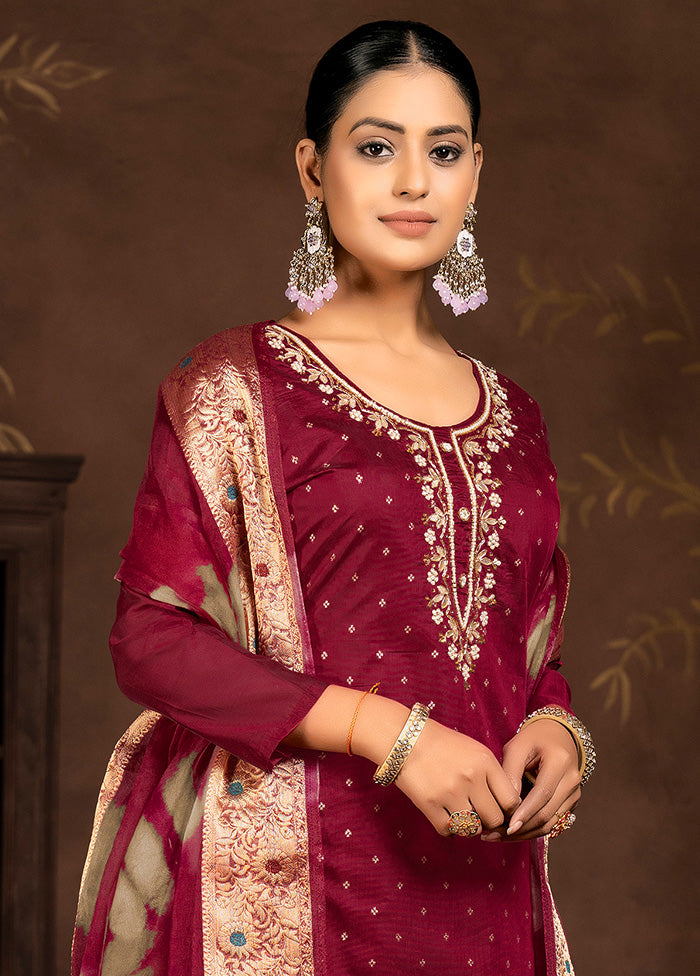 3 Pc Maroon Semi Stitched Silk Suit Set