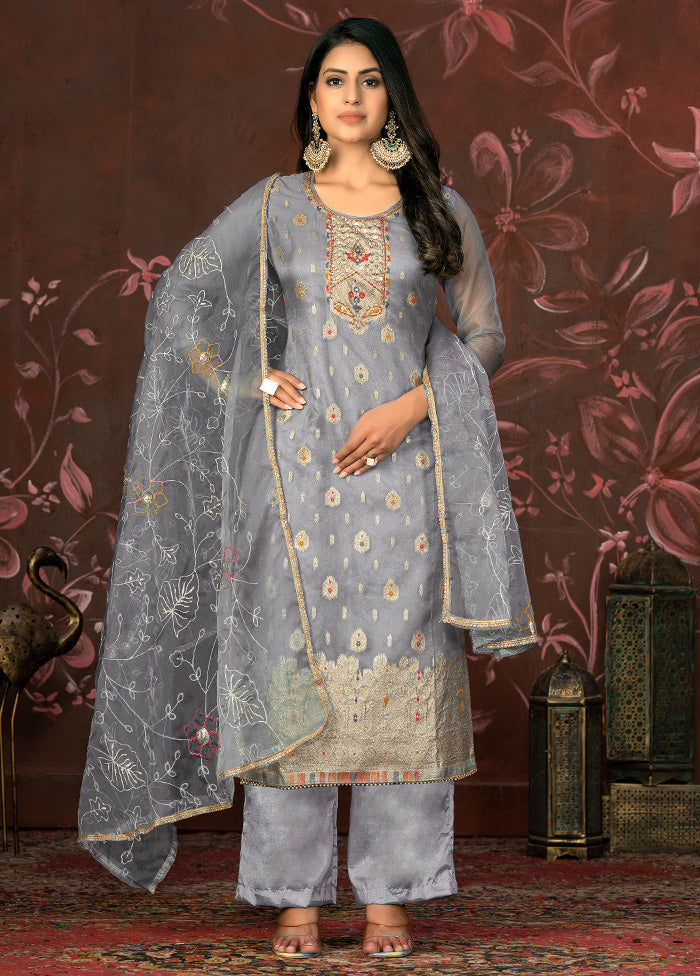 3 Pc Grey Semi Stitched Net Suit Set