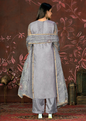 3 Pc Grey Semi Stitched Net Suit Set