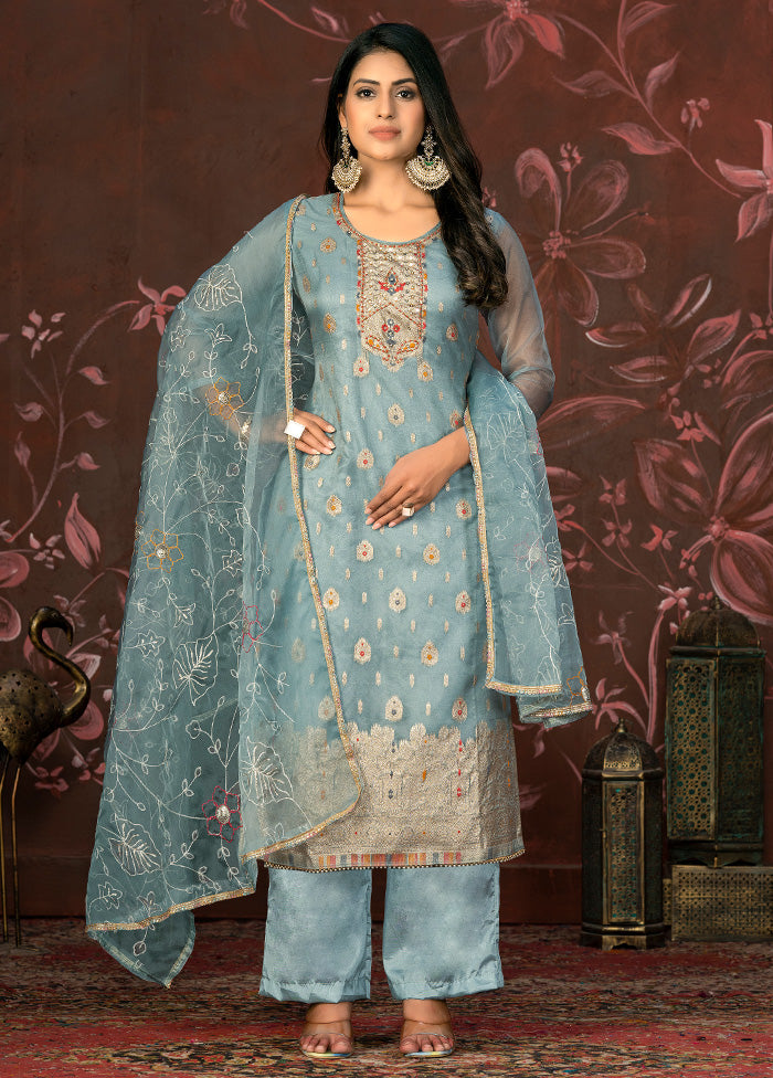 3 Pc Blue Semi Stitched Net Suit Set