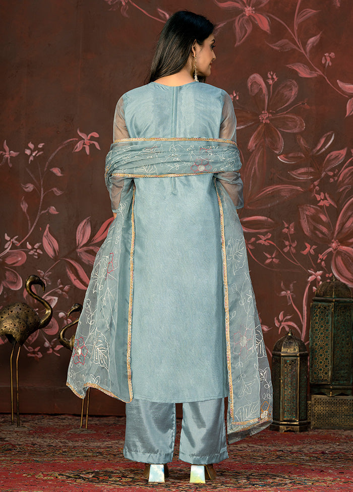 3 Pc Blue Semi Stitched Net Suit Set