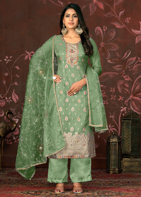 3 Pc Green Semi Stitched Net Suit Set