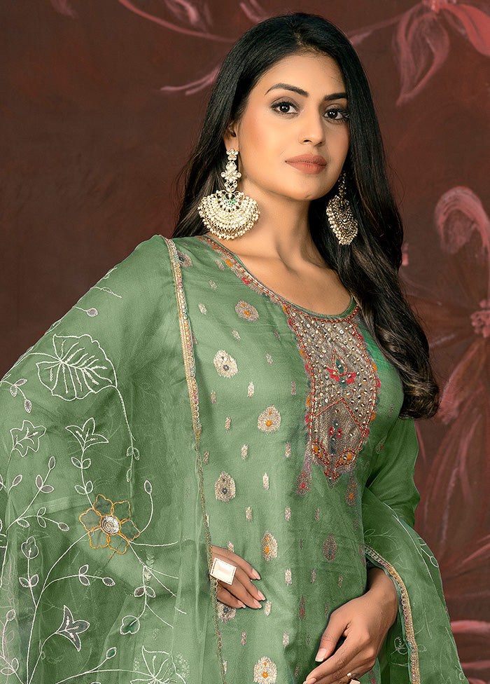 3 Pc Green Semi Stitched Net Suit Set