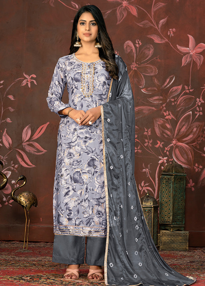 3 Pc Grey Semi Stitched Cotton Suit Set