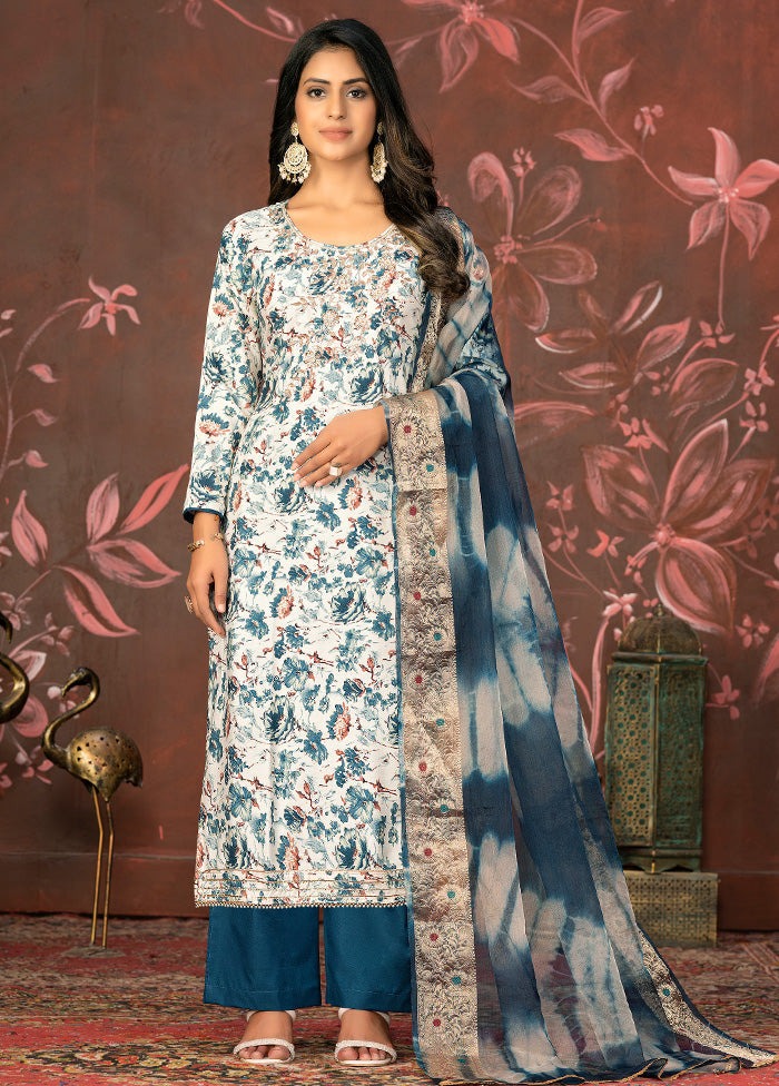 3 Pc Blue Semi Stitched Cotton Suit Set