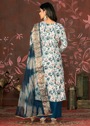 3 Pc Blue Semi Stitched Cotton Suit Set