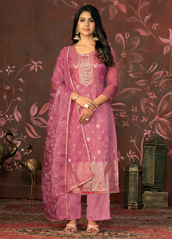 3 Pc Pink Semi Stitched Net Suit Set