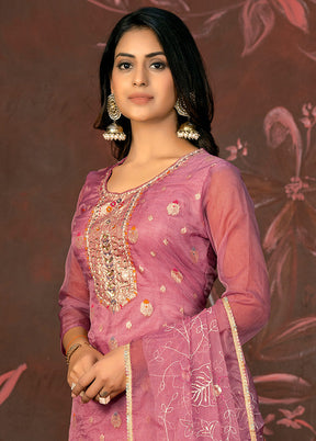 3 Pc Pink Semi Stitched Net Suit Set