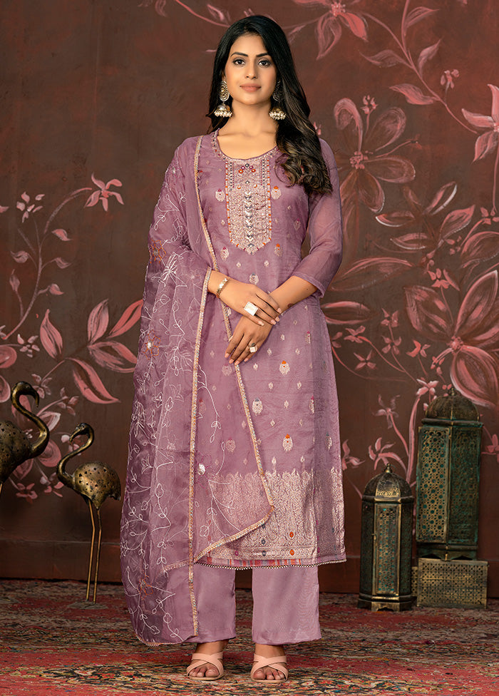 3 Pc Purple Semi Stitched Net Suit Set - Indian Silk House Agencies