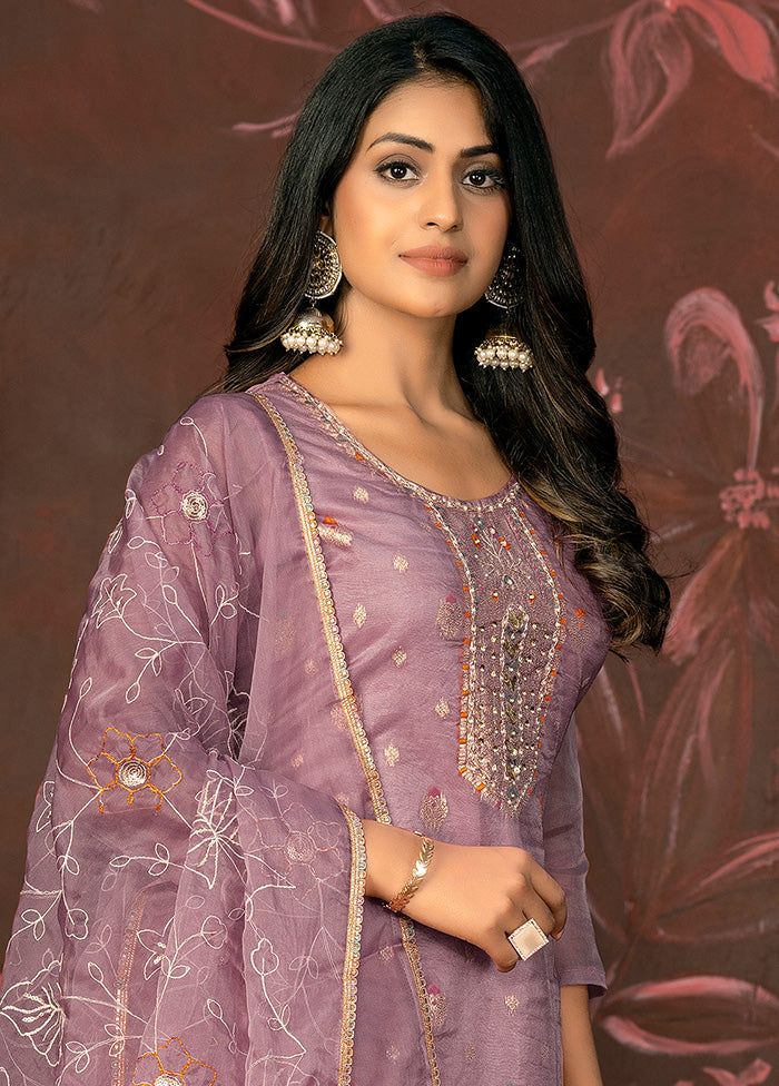 3 Pc Purple Semi Stitched Net Suit Set - Indian Silk House Agencies