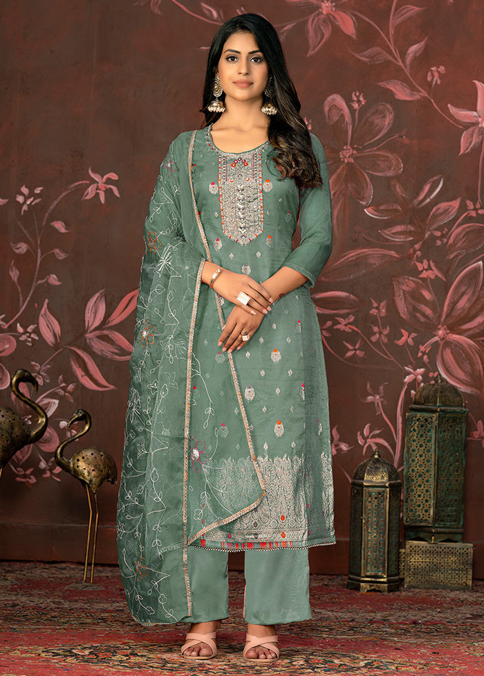 3 Pc Green Semi Stitched Net Suit Set