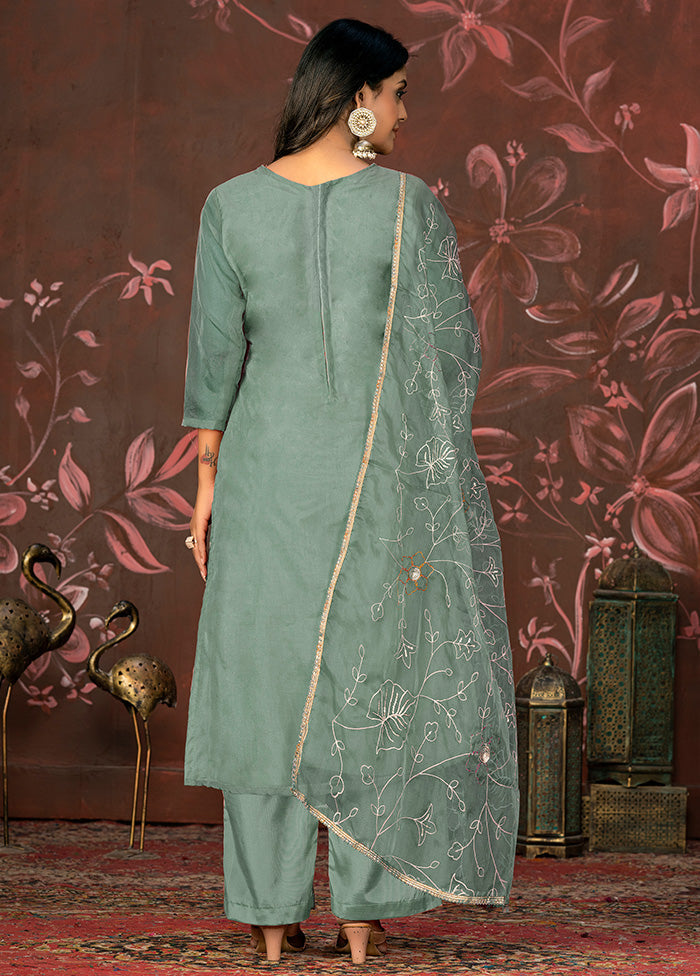 3 Pc Green Semi Stitched Net Suit Set