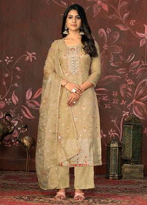 3 Pc Beige Semi Stitched Net Suit Set