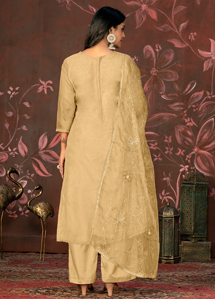 3 Pc Beige Semi Stitched Net Suit Set