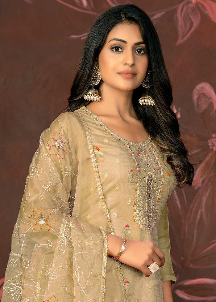 3 Pc Beige Semi Stitched Net Suit Set