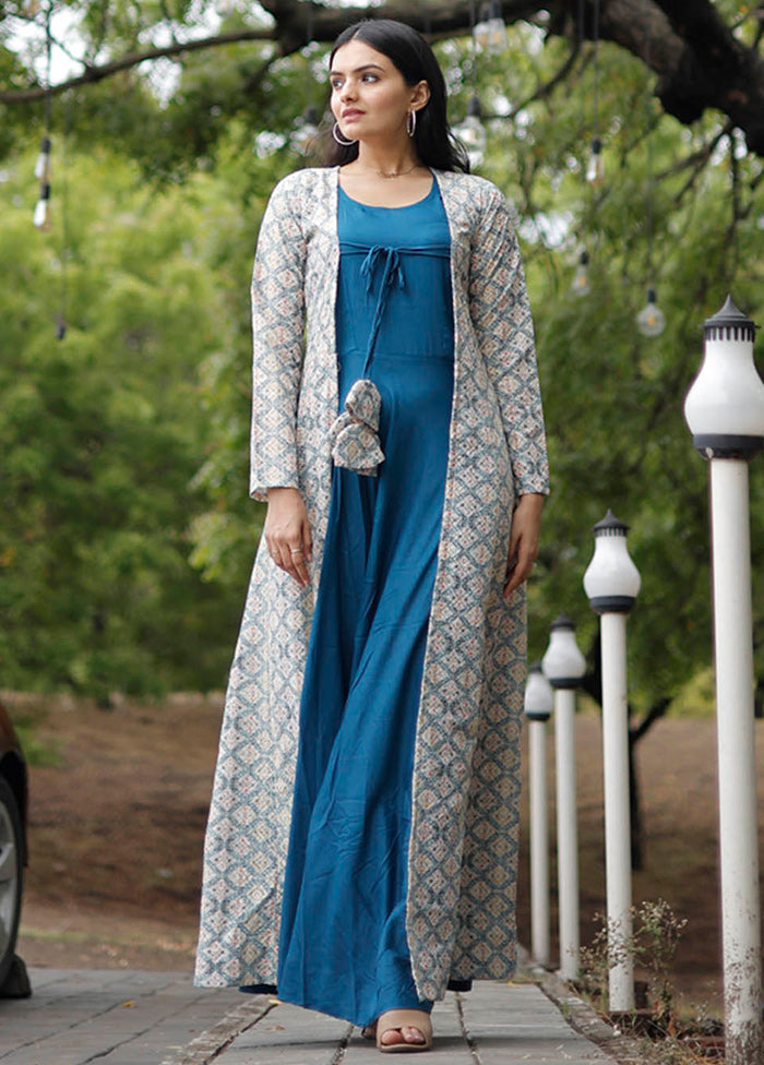 Blue Readymade Rayon Gown With Shrug - Indian Silk House Agencies