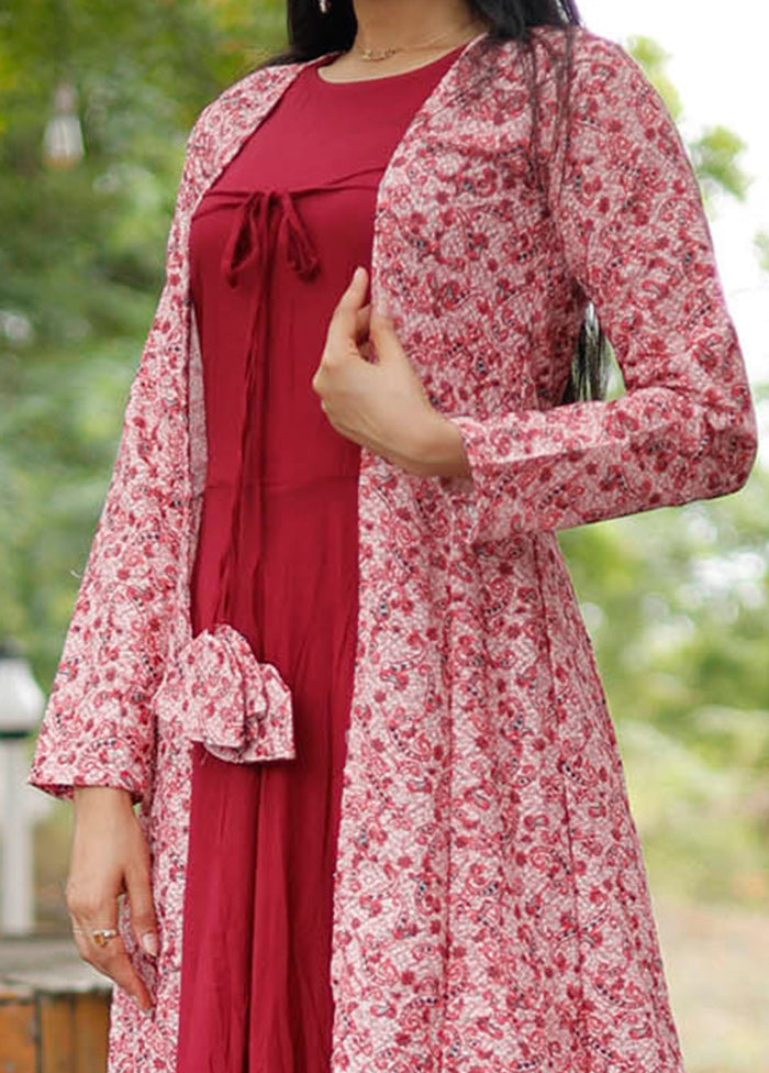 Maroon Readymade Rayon Gown With Shrug - Indian Silk House Agencies